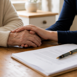 Elderly couple holding hands with legal documents