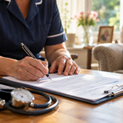 hotorealistic close-up photograph of a healthcare professional's hands filling out an assessment form on a clipboard in a bright, homely care home setting, a blood pressure cuff resting nearby.